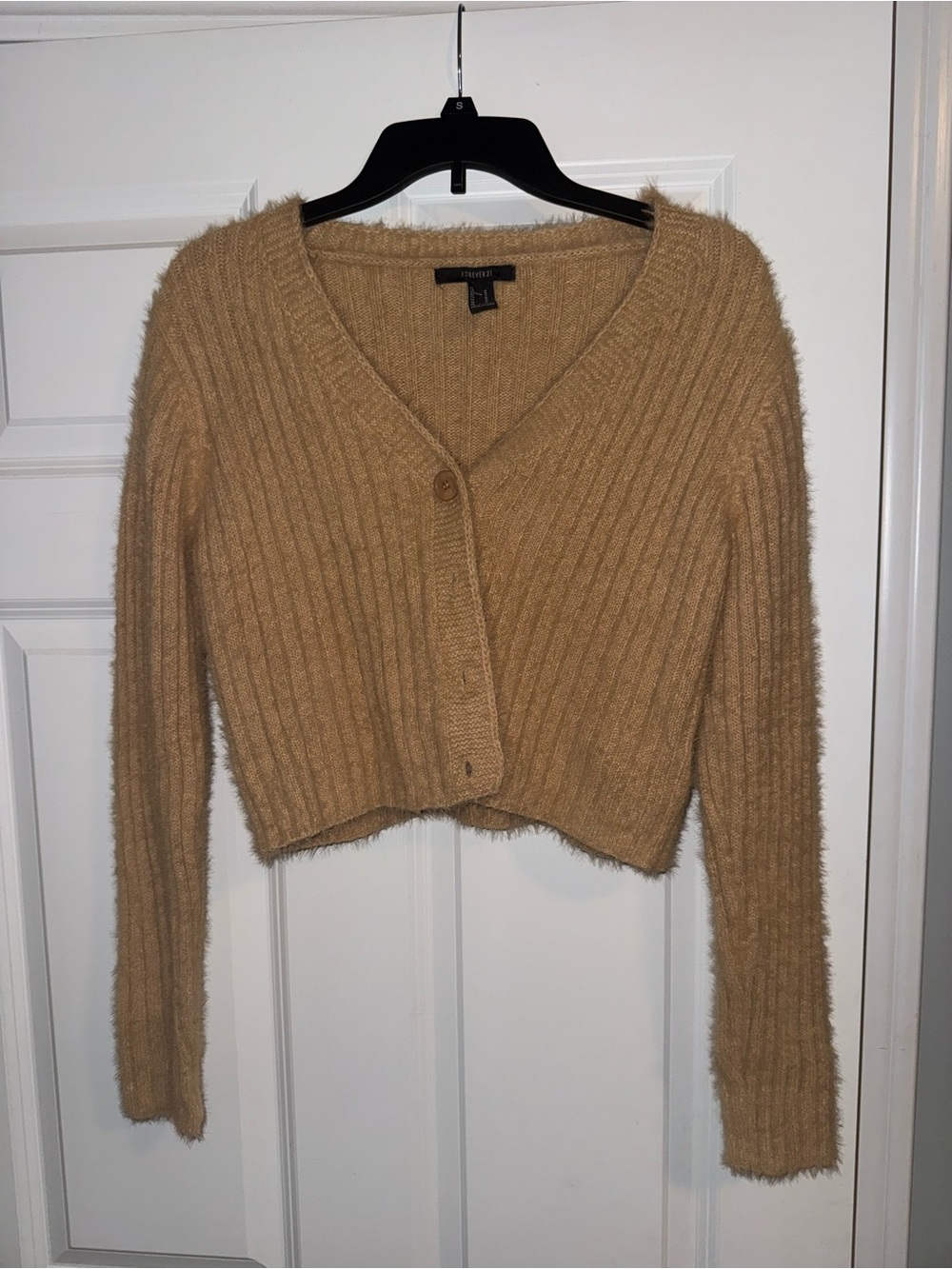 Forever 21 Cropped Ribbed V-Neck Cardigan - Camel